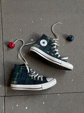 CONVERSE Unisex Kids Green Plaid hi Top Sneakers Size 3.5